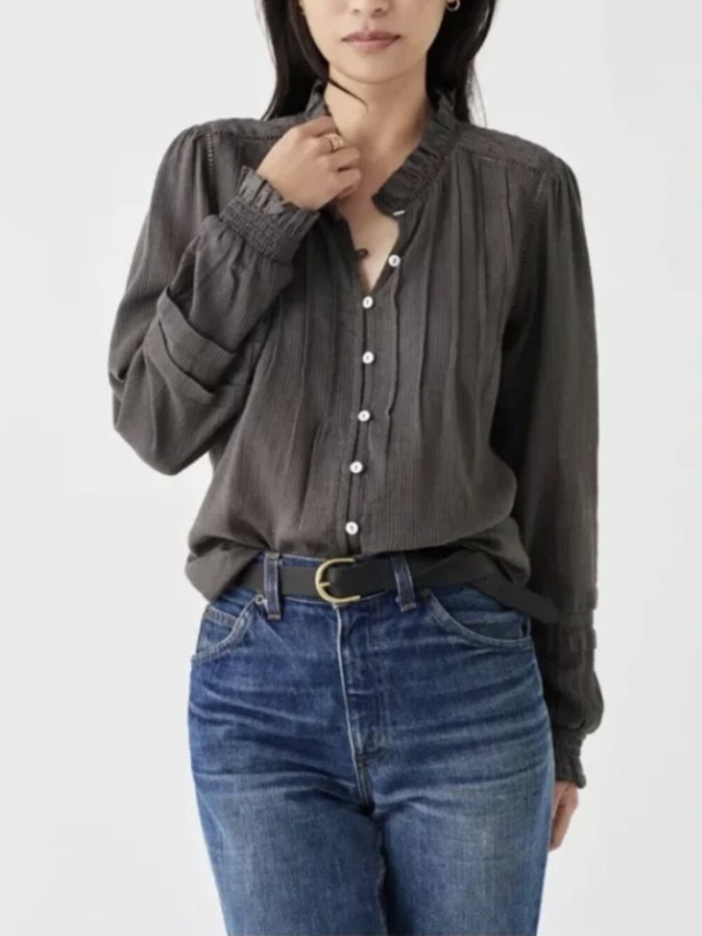 Faherty Willa Button Front Peasant Blouse Pintuck Pleats Ruffle Gray Cotton Med